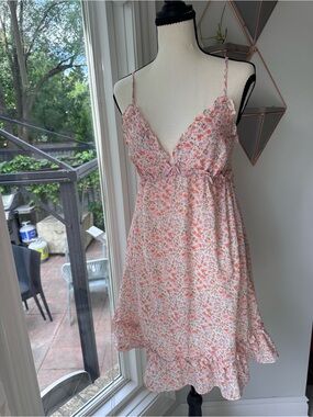 MOLLY BRACKEN Floral Pink Ruffle Hem Spaghetti Strap Babydoll Dress Size Small